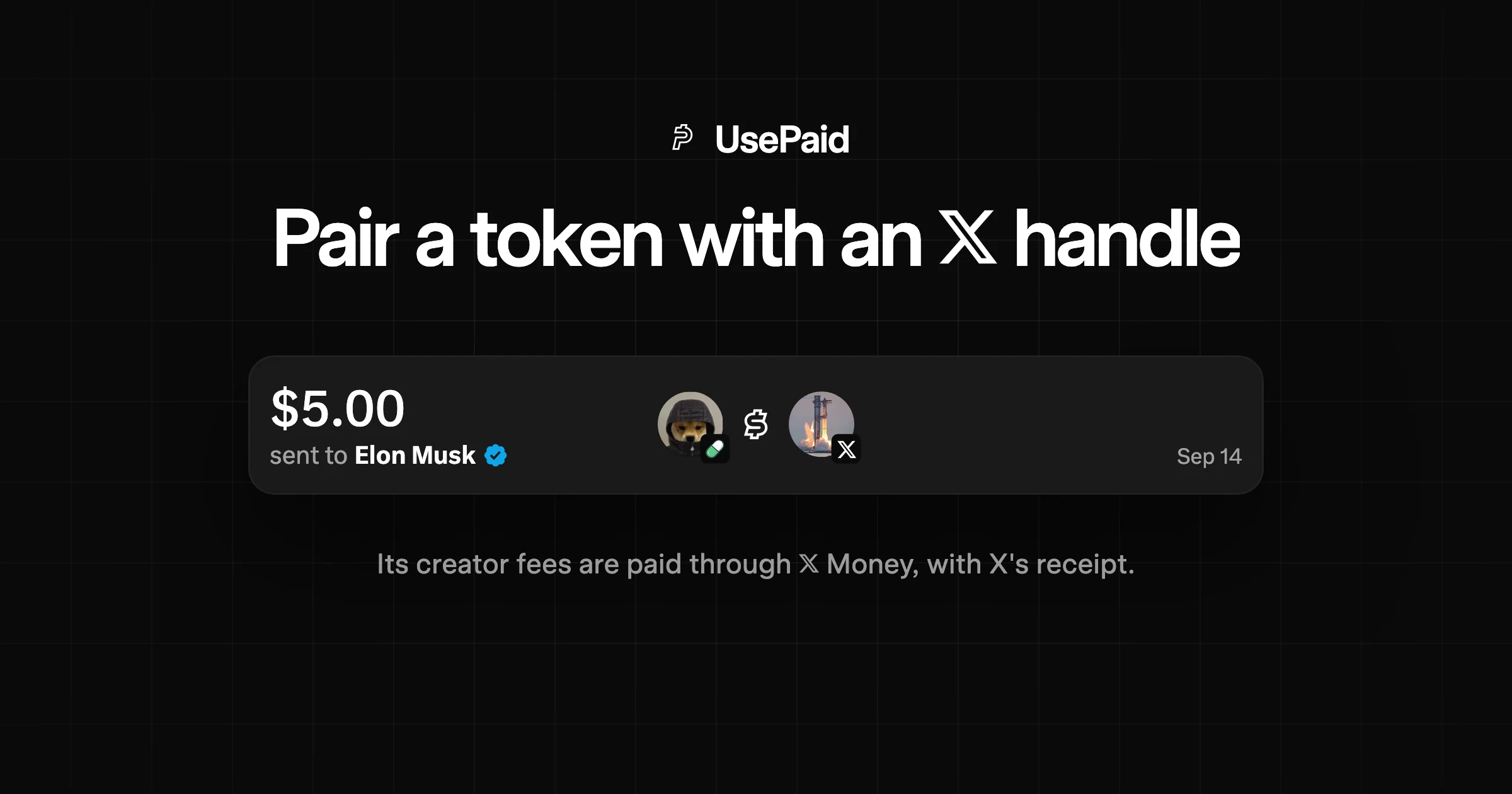UsePaid brand preview with a dark interface and creator payment card